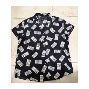 City Silk Womens 100% Silk Botanical Tarot Seed Packet Print Shirt Black Large